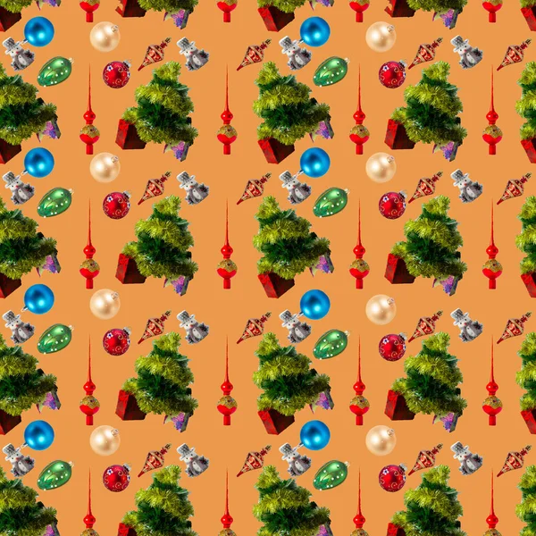 Christmas Seamless Pattern Christmas Trees Christmas Decorations Light Brown Background — Stock Photo, Image