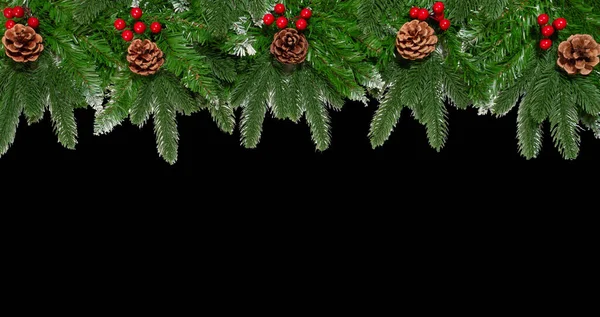 Рождественские Зимние Каникулы Граница Ветками Елки Украшения Изолированы Черном Отлично — стоковое фото