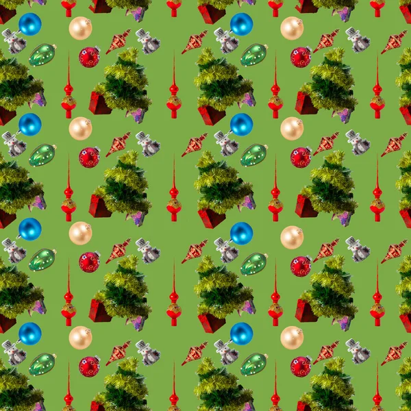 Christmas Seamless Pattern Christmas Trees Christmas Decorations Green Background — Stock Photo, Image