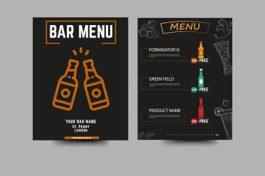 Restoran Bar karatahtası bira menüsünün siyah zeminli menüsünde içki menüsü. Kart afişi için şablon ve bar menüsü ve restoran işletme karatahta tasarımı konsepti için poster.