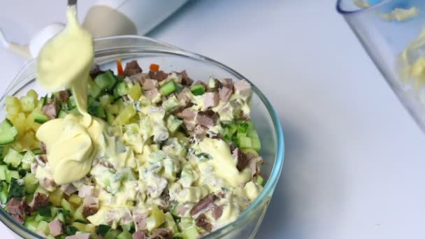 Russian Meat Salad Vegetables Mayonnaise Woman Adds Mayonnaise Container Ingredients — Stock Video