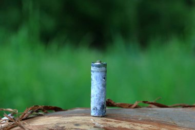 Kullanılmış piller, korozyon ile kaplı. Farklı şekil ve boyutlarda. ahşap kütük kenarında yalan. Çevre koruma, geri dönüşüm.