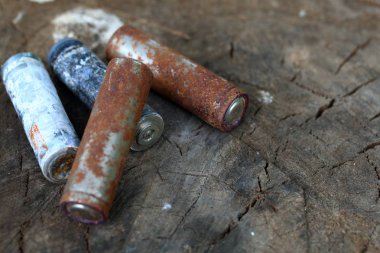 Kullanılmış piller, korozyon ile kaplı. Farklı şekil ve boyutlarda. ahşap kütük kenarında yalan. Çevre koruma, geri dönüşüm.