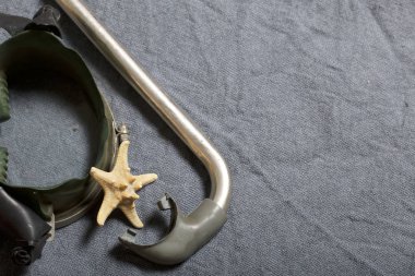 Sahilde tatile. Gri bir arka plan üzerinde bir tüp ve su altında yüzme için maske. Yakın deniz yıldızı olduğunu.