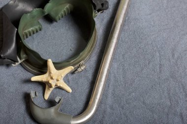 Sahilde tatile. Gri bir arka plan üzerinde bir tüp ve su altında yüzme için maske. Yakın deniz yıldızı olduğunu.