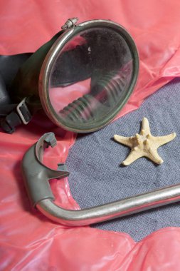 Sahilde tatile. Hava olmadan bir yüzme daire. Gri bir arka plan üzerinde bir tüp ve su altında yüzme için maske. Yakın deniz yıldızı olduğunu.