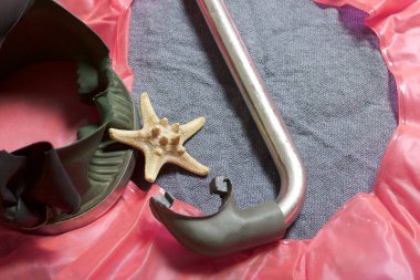 Sahilde tatile. Hava olmadan bir yüzme daire. Gri bir arka plan üzerinde bir tüp ve su altında yüzme için maske. Yakın deniz yıldızı olduğunu.