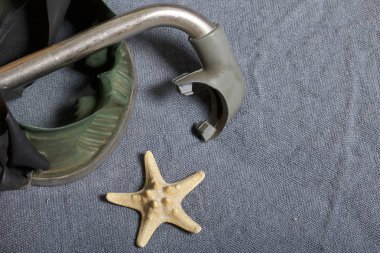 Sahilde tatile. Gri bir arka plan üzerinde bir tüp ve su altında yüzme için maske. Yakın deniz yıldızı olduğunu.