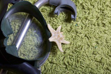 Sahilde tatile. Yeşil bir arka plan üzerinde bir tüp ve su altında yüzme için maske. Yakın deniz yıldızı olduğunu.