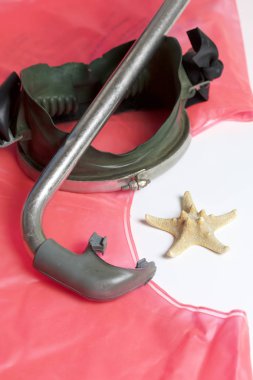 Sahilde tatile. Hava olmadan bir yüzme daire. Beyaz zemin üzerinde bir tüp ve su altında yüzme için maske. Yakın deniz yıldızı olduğunu.