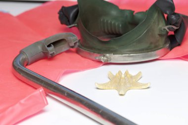 Sahilde tatile. Hava olmadan bir yüzme daire. Beyaz zemin üzerinde bir tüp ve su altında yüzme için maske. Yakın deniz yıldızı olduğunu.