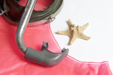 Sahilde tatile. Hava olmadan bir yüzme daire. Beyaz zemin üzerinde bir tüp ve su altında yüzme için maske. Yakın deniz yıldızı olduğunu.