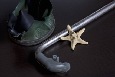 Sahilde tatile. Hava olmadan bir yüzme daire. Karanlık bir arka plan üzerinde bir tüp ve su altında yüzme için maske. Yakın deniz yıldızı olduğunu.