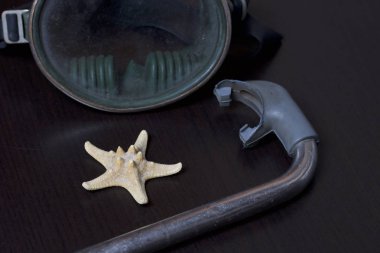 Sahilde tatile. Hava olmadan bir yüzme daire. Karanlık bir arka plan üzerinde bir tüp ve su altında yüzme için maske. Yakın deniz yıldızı olduğunu.