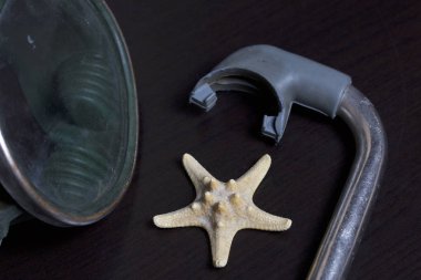 Sahilde tatile. Hava olmadan bir yüzme daire. Karanlık bir arka plan üzerinde bir tüp ve su altında yüzme için maske. Yakın deniz yıldızı olduğunu.