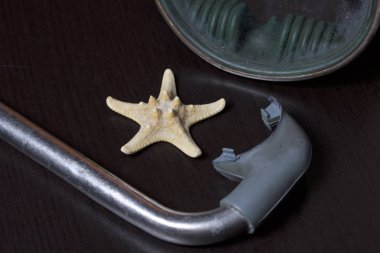 Sahilde tatile. Hava olmadan bir yüzme daire. Karanlık bir arka plan üzerinde bir tüp ve su altında yüzme için maske. Yakın deniz yıldızı olduğunu.