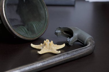 Sahilde tatile. Hava olmadan bir yüzme daire. Karanlık bir arka plan üzerinde bir tüp ve su altında yüzme için maske. Yakın deniz yıldızı olduğunu.