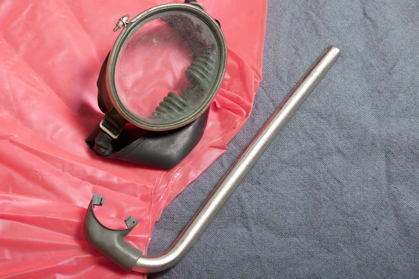 Sahilde tatile. Hava olmadan bir yüzme daire. Gri bir arka plan üzerinde bir tüp ve su altında yüzme için maske.