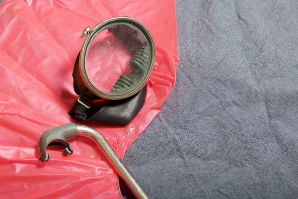 Sahilde tatile. Hava olmadan bir yüzme daire. Gri bir arka plan üzerinde bir tüp ve su altında yüzme için maske.