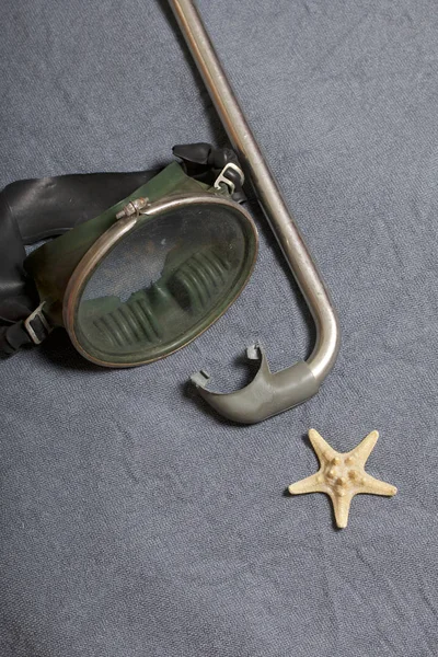 Sahilde tatile. Gri bir arka plan üzerinde bir tüp ve su altında yüzme için maske. Yakın deniz yıldızı olduğunu.