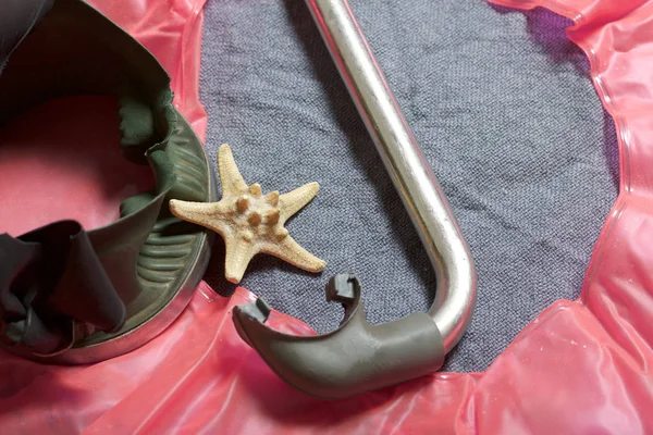 Sahilde tatile. Hava olmadan bir yüzme daire. Gri bir arka plan üzerinde bir tüp ve su altında yüzme için maske. Yakın deniz yıldızı olduğunu.