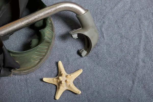 Sahilde tatile. Gri bir arka plan üzerinde bir tüp ve su altında yüzme için maske. Yakın deniz yıldızı olduğunu.