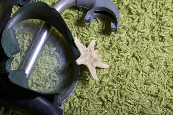 Sahilde tatile. Yeşil bir arka plan üzerinde bir tüp ve su altında yüzme için maske. Yakın deniz yıldızı olduğunu.
