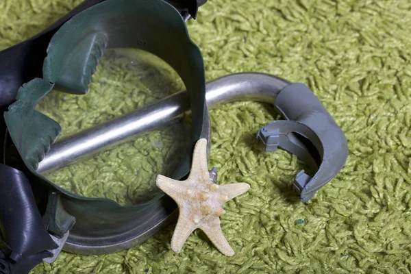 Sahilde tatile. Yeşil bir arka plan üzerinde bir tüp ve su altında yüzme için maske. Yakın deniz yıldızı olduğunu.