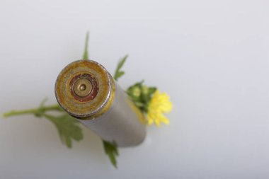 Çekim kol yüksek kalibreli makineli tüfek ve sarı kasımpatı çiçeği. Barış kurulması.