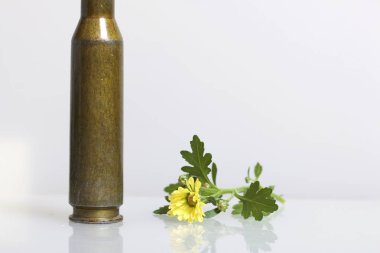 Çekim kol yüksek kalibreli makineli tüfek ve sarı kasımpatı çiçeği. Barış kurulması.