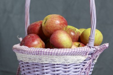 Elma sonbahar hasat. Bir hasır asma sepetten elma. Gri bir arka plan üzerinde.