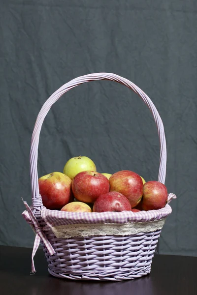 Autumn Harvest Apples Apples Wicker Vine Basket Gray Background — Stock Photo, Image