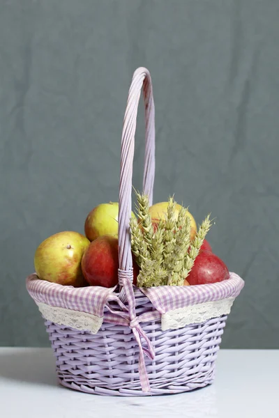 Autumn Harvest Apples Apples Wicker Vine Basket Nearby Spikelets Cereals — Stock Photo, Image