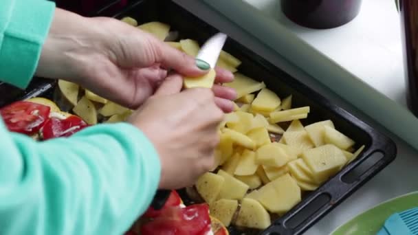 Eine Frau Schneidet Kartoffeln Auf Einem Backblech Auf Einem Backblech — Stockvideo