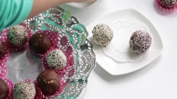 Woman Rolls Balls Out Prepared Mixture Cooking Chocolate Sweets Sprinkling — Stock Video