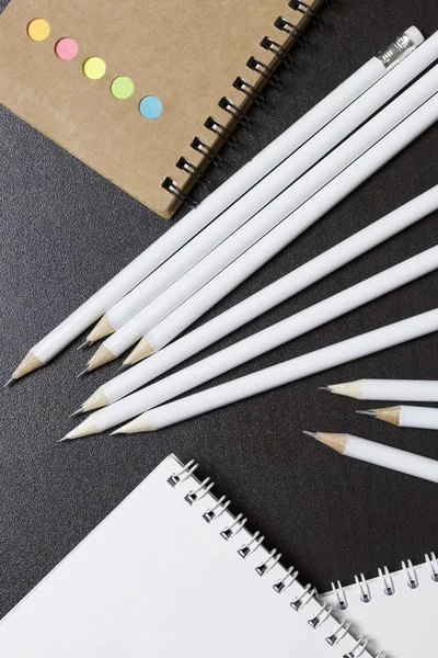 Tampons Ressort Blancs Crayons Simples Pour Notes Croquis Près Carnet — Photo