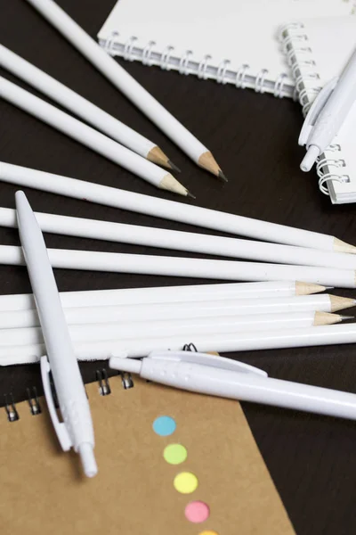 Tampons Ressort Blancs Crayons Simples Stylos Bille Pour Notes Croquis — Photo