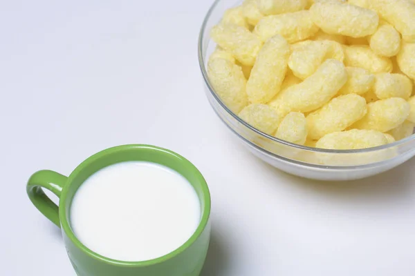 Useful Breakfast Corn Sticks Container Mug Milk White Background — Stock Photo, Image