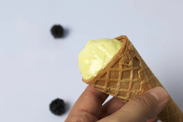 Man Holding Ice Cream His Waffle Cone White Background — Stock Photo, Image