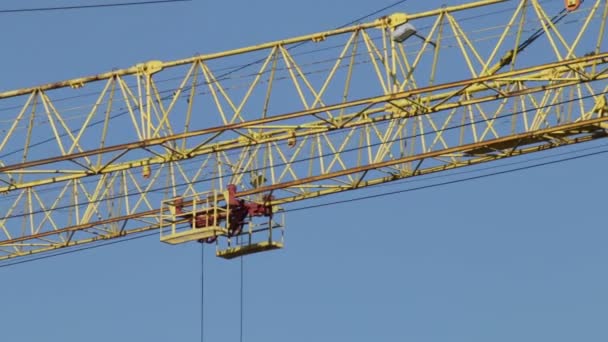 Arrows Building Tower Cranes Blue Sky — Stock Video