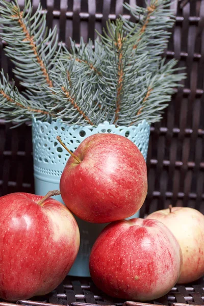 Mavi Ladin ve olgunlaşmış kokulu elma dalı. Hasır bir hasır sepet arka planı.