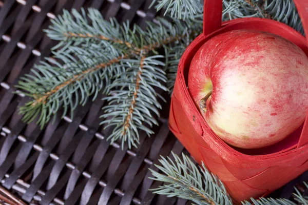 Mavi Ladin ve sepet içinde olgunlaşmış kokulu elma dalı. Bir hasır asma arka planı.