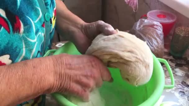 Una Donna Anziana Impasta Impasto Del Pane Mette Una Teglia — Video Stock