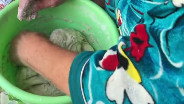 Elderly Woman Kneads Bread Dough Visible Her Tense Hands — Stock Video