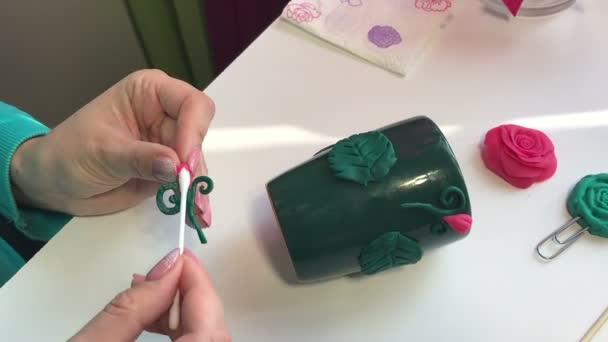 Woman Lubricates Glue Sticks Decorative Element Made Polymer Clay Cup — Stock Video