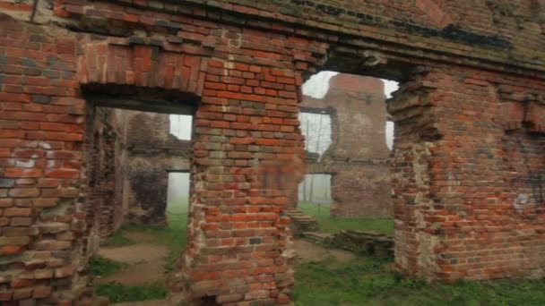 Rovine Vecchio Edificio Mattoni Rossi Tutto Avvolto Una Fitta Nebbia — Video Stock