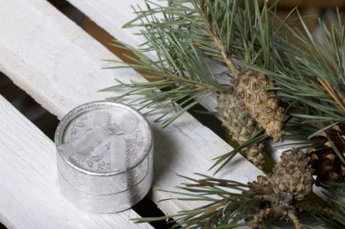 Sarma sunar. Hediye kutuları. Yakın çam kozalakları ile bir dalıdır. Bir ahşap kutu arka planı.