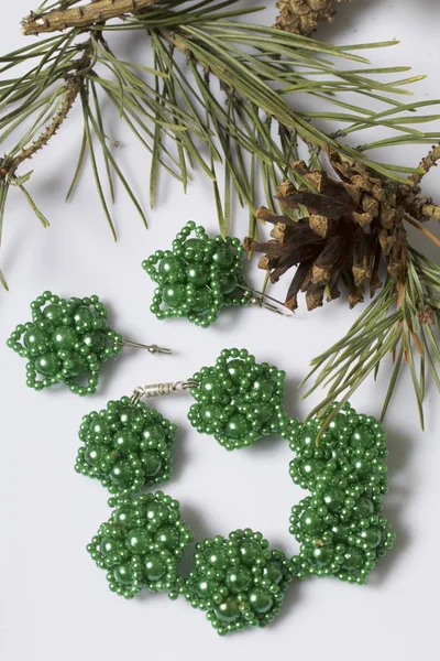 Kadın küpe ve koniler ile çam dalları arasında bir boncuk bilezik. Beyaz bir arka plan üzerinde.