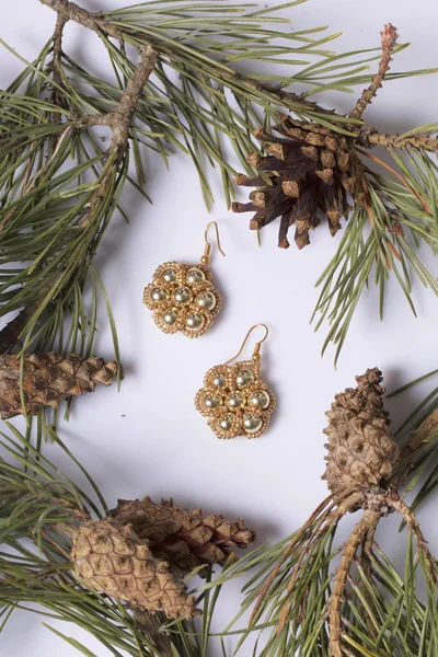 Kadın küpe boncuk koniler ile çam dalları arasında. Beyaz bir arka plan üzerinde.