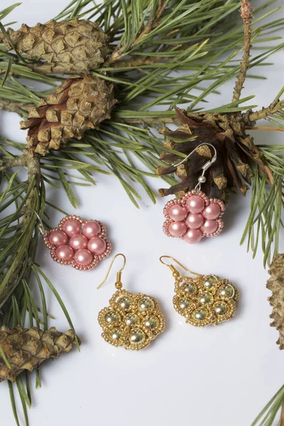 Women Earrings Beads Pine Branches Cones White Background — Stock Photo, Image